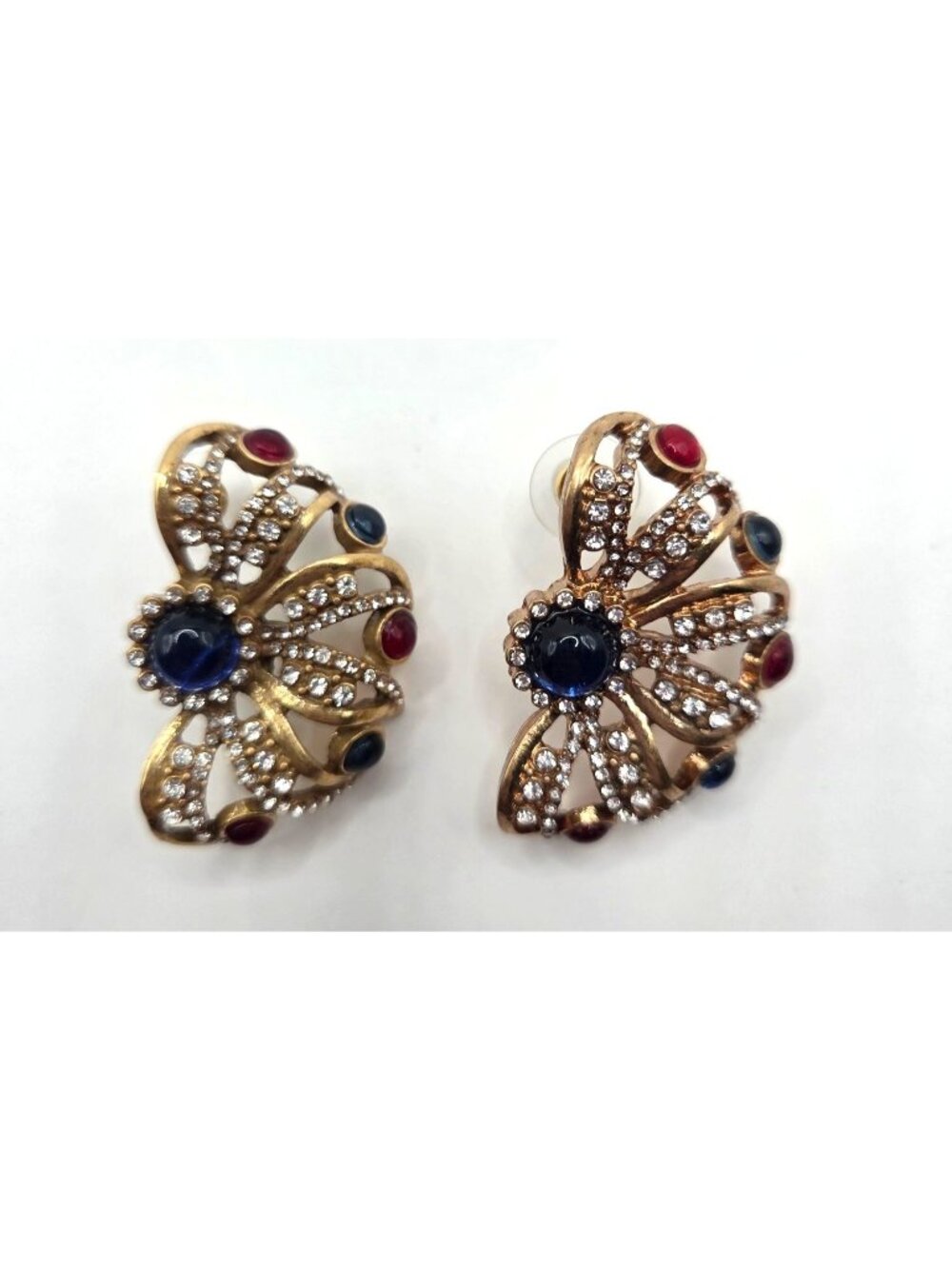Gold Tone Filigree Multicolored Crystal & Cabochon Earrings